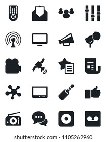 Set of vector isolated black icon - microphone vector, radio, antenna, satellite, news, loudspeaker, settings, tv, video camera, remote control, dialog, monitor, share, group, finger up, mail