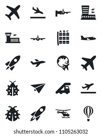 Set of vector isolated black icon - plane vector, departure, arrival, ladder car, boarding, helicopter, seat map, globe, airport building, lady bug, rocket, paper, air balloon