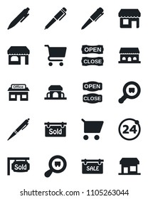 Set of vector isolated black icon - 24 around vector, shop, pen, store, search cargo, sale, sold signboard, cafe building, open close, cart, storefront