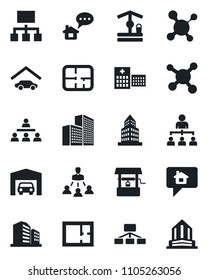 Set of vector isolated black icon - hierarchy vector, well, molecule, hospital, office building, garage, plan, home message