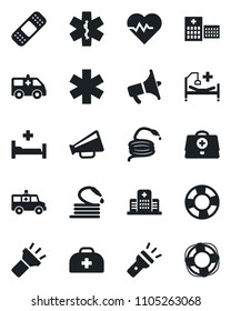 Set of vector isolated black icon - hose vector, heart pulse, doctor case, patch, ambulance star, car, hospital bed, loudspeaker, torch, crisis management