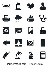 Set of vector isolated black icon - suitcase vector, left arrow, rain, fertilizer, stethoscope, container, cell phone, heart, download, support, desk lamp, printer, rent, lock, flower in pot, salad