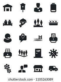Set of vector isolated black icon - pedestal vector, team, printer, seedling, bird house, doctor, virus, store, support, mobile tracking, warehouse, speaker, low battery, pool, waiter, vip zone, car