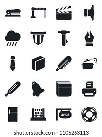 Set of vector isolated black icon - barrier vector, pennant, abacus, tie, printer, rain, thermometer, clapboard, speaker, bell, ink pen, blank box, stapler, sale, steaming pan, fridge