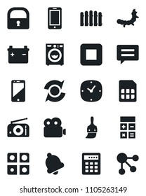 Set of vector isolated black icon - mobile phone vector, calculator, fence, caterpillar, radio, cell, stop button, message, themes, clock, bell, sim, lock, video, application, update, washer