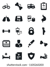 Set of vector isolated black icon - diagnosis vector, blood pressure, dropper, ambulance car, barbell, bike, heart shield, hospital bed, stomach, lungs, broken bone, medical calendar, doctor, heavy
