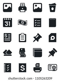 Set of vector isolated black icon - notepad vector, coffee, printer, receipt, paper pin, gallery, calendar, clipboard, drawing, document search, blank box, checklist, book, serviette, cash
