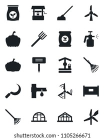 Set of vector isolated black icon - fence vector, farm fork, rake, well, hoe, sickle, plant label, pumpkin, greenhouse, garden sprayer, fertilizer, drip irrigation, windmill