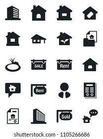 Set of vector isolated black icon - office building vector, house, pond, contract, with garage, estate document, sale, rent, sold signboard, agent, smart home, eco, message