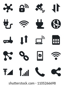 Set of vector isolated black icon - wireless notebook vector, satellite, network, share, chain, call, sim, data exchange, cellular signal, power plug, lock, router, home control app, social media