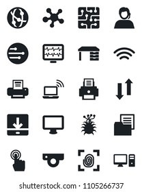 Set of vector isolated black icon - wireless notebook vector, desk, monitor pulse, virus, support, folder document, network, touch screen, share, data exchange, download, printer, chip, fingerprint