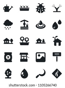 Set of vector isolated black icon - watering can vector, lady bug, seedling, water drop, rain, well, sickle, plant label, fertilizer, gallery, house with tree, fruit, flower in pot, eco, irrigation