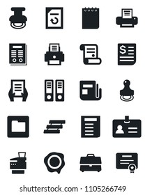 Set of vector isolated black icon - identity vector, office binder, notepad, document, reload, stamp, contract, receipt, news, folder, case, printer, paper tray, copier, certificate