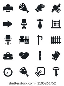Set of vector isolated black icon - right arrow vector, office chair, case, desk, fence, glove, garden light, satellite, heart, cut, abacus, tie, restaurant table, ham, clock