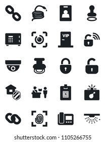 Set of vector isolated black icon - passport control vector, bomb in case, stamp, safe, lock, hose, chain, eye id, identity card, estate insurance, vip zone, fingerprint, wireless, intercome