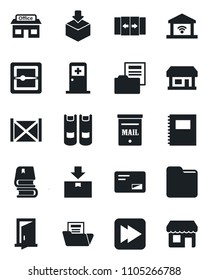 Set of vector isolated black icon - automatic door vector, medical room, book, store, container, package, mail, fast forward, scanner, folder, copybook, document, mailbox, garage gate control