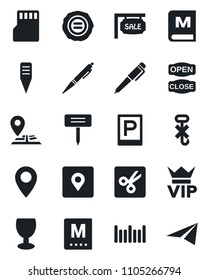 Set of vector isolated black icon - parking vector, vip, stamp, plant label, navigation, pin, fragile, no hook, barcode, sd, cut, place tag, pen, sale, menu, open close, paper plane