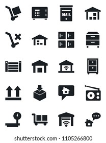 Set of vector isolated black icon - safe vector, checkroom, container, cargo, up side sign, no trolley, warehouse, package, heavy scales, radio, archive box, mailbox, garage gate control