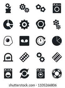 Set of vector isolated black icon - ticket office vector, washer, gear, circle chart, stamp, pills blister, record, update, pie graph, flower in pot, omelette, clock, crisis management