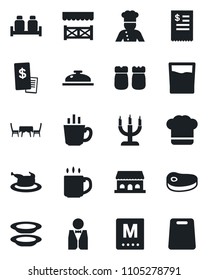 Set of vector isolated black icon - coffee vector, waiter, cook, hat, menu, reception, drink, plates, salt and pepper, cafe building, candle, table, alcove, restaurant receipt, chicken, steak
