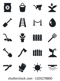 Set of vector isolated black icon - fence vector, job, flower in pot, shovel, farm fork, ladder, wheelbarrow, bucket, sproute, pruner, glove, lawn mower, water drop, sun, axe, fertilizer, irrigation