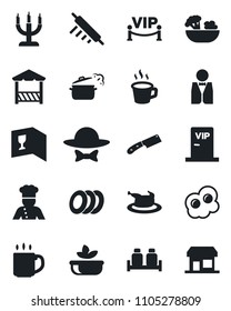 Set of vector isolated black icon - coffee vector, waiter, cook, wine card, salad, plates, salt and pepper, candle, vip zone, dress code, alcove, chicken, rolling pin, knife, steaming pan, omelette