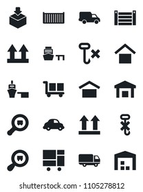 Set of vector isolated black icon - cargo container vector, car delivery, sea port, consolidated, warehouse storage, up side sign, no hook, package, search