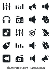 Set of vector isolated black icon - flame disk vector, radio, speaker, loudspeaker, settings, equalizer, headphones, rewind, rca, tuning, mute, music, sound, advertising