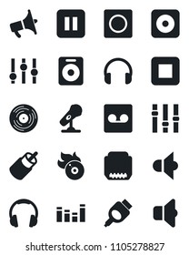 Set of vector isolated black icon - vinyl vector, flame disk, microphone, speaker, loudspeaker, settings, equalizer, headphones, pause button, stop, rec, rca, hdmi, record, sound