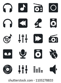 Set of vector isolated black icon - vinyl vector, flame disk, microphone, radio, settings, equalizer, headphones, speaker, fast forward, rewind, tuning, record, music, sound