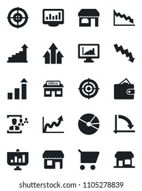 Set of vector isolated black icon - shop vector, growth statistic, crisis graph, store, monitor statistics, pie, hr, target, arrow up, wallet, cart, presentation, storefront