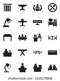 Set of vector isolated black icon - cafe vector, reception, flight table, desk, meeting, manager place, picnic, lamp, restaurant, reserved, salt and pepper