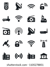 Set of vector isolated black icon - antenna vector, satellite, office phone, radio, remote control, wireless, lock, router, garage gate