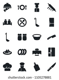 Set of vector isolated black icon - fridge vector, cook, restaurant table, serviette, cafe, hat, plates, waiter, salt and pepper, ladle, bowl, rolling pin, cutting board, knife