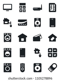 Set of vector isolated black icon - calculator vector, monitor, speaker, phone back, sim, washer, smart home, credit card, control, remote, router, usb flash