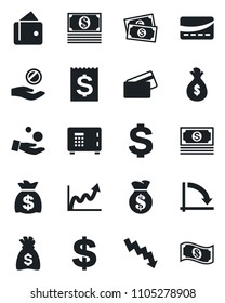 Set of vector isolated black icon - safe vector, dollar sign, money bag, crisis graph, cash, receipt, credit card, wallet, growth, investment