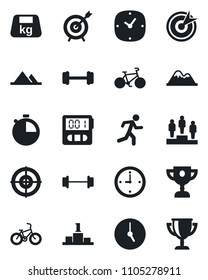 Set of vector isolated black icon - pedestal vector, barbell, bike, run, heavy, clock, stopwatch, target, mountains, award cup
