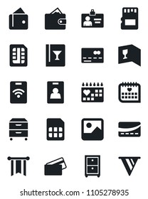 Set of vector isolated black icon - credit card vector, identity, medical calendar, gallery, sd, sim, archive box, wine, pass, wallet, pennon
