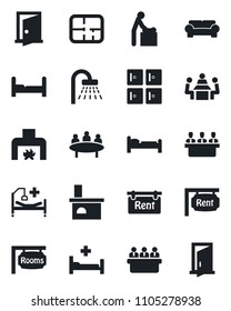 Set of vector isolated black icon - baby room vector, bed, shower, checkroom, meeting, fireplace, hospital, plan, rent, rooms, bedroom, cushioned furniture, door
