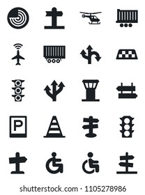 Set of vector isolated black icon - airport tower vector, plane radar, taxi, parking, signpost, border cone, helicopter, disabled, route, traffic light, truck trailer, guidepost
