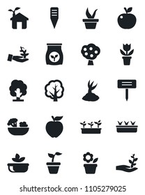 Set of vector isolated black icon - flower in pot vector, seedling, tree, sproute, plant label, fertilizer, fruit, salad, apple, eco house, palm