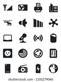 Set of vector isolated black icon - radar vector, helicopter, printer, sorting, microphone, radio, speaker, network, phone, share, back, sim, cellular signal, battery, charge, notebook pc, socket