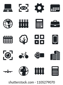 Set of vector isolated black icon - plane vector, mobile phone, case, notebook pc, calendar, tree, bike, earth, term, video camera, settings, application, office building, radiator, eye scan
