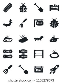 Set of vector isolated black icon - job vector, garden fork, lady bug, caterpillar, pond, rack, rent, bacon, open close, rocket
