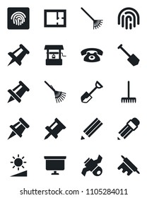 Set of vector isolated black icon - presentation board vector, drawing pin, job, shovel, rake, well, satellite, brightness, fingerprint id, pencil, plan, phone, rolling