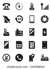 Set of vector isolated black icon - phone vector, no mobile, office, 24 hours, tracking, radio, back, camera, sim, mute, cellular signal, charge