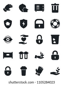 Set of vector isolated black icon - fence vector, trash bin, safe, lock, glove, heart hand, protect, eye id, water filter, home, palm sproute, crisis management