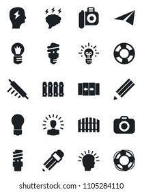 Set of vector isolated black icon - automatic door vector, brainstorm, bulb, camera, pencil, fence, rolling pin, energy saving, shining head, idea, paper plane, crisis management