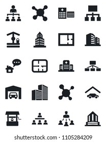 Set of vector isolated black icon - hierarchy vector, well, molecule, hospital, office building, garage, plan, home message