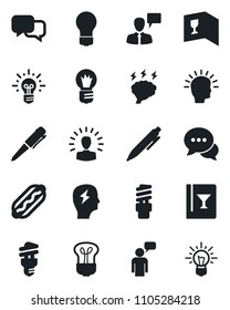 Set of vector isolated black icon - speaking man vector, pen, brainstorm, bulb, dialog, wine card, hot dog, energy saving, shining head, idea